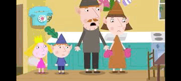 Scene from Ben and Holly’s Little Kingdom with Mr and Mrs Elf, Ben and Holly. Gaston the ladybird has just eaten a giant pie sitting on the dining table in a matter of seconds.